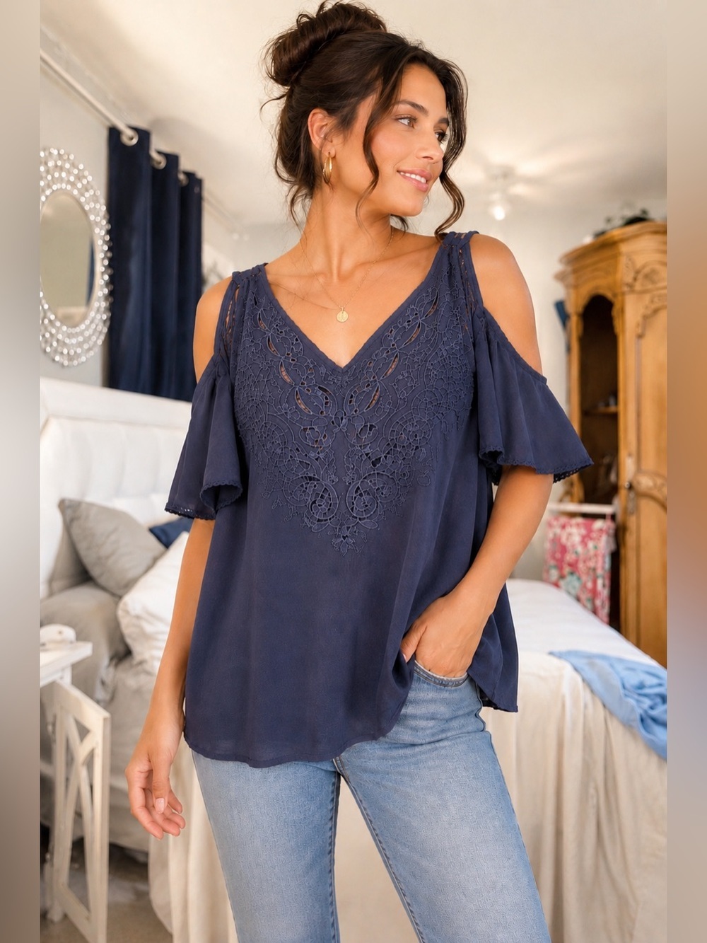 Navy blue off shoulder plus size blouse 2X